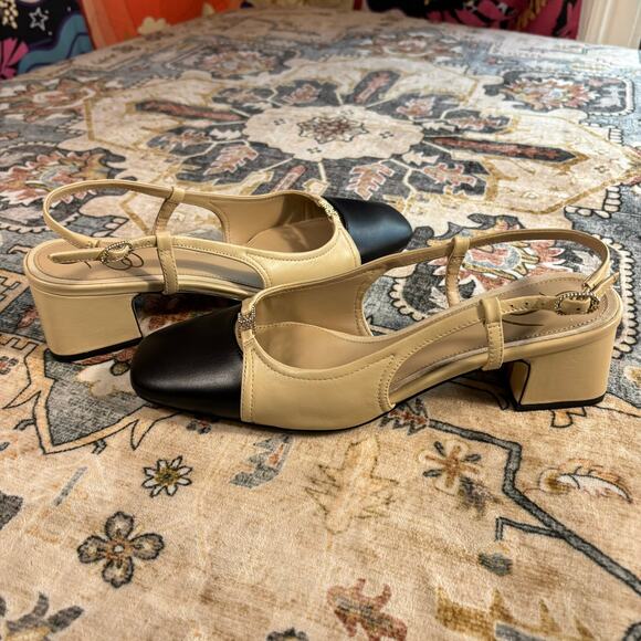 Sam Edelman Tarra Sling Back Cap Toe Pump Tan and Black Kitten Heel Holiday W 8 - Picture 3 of 15